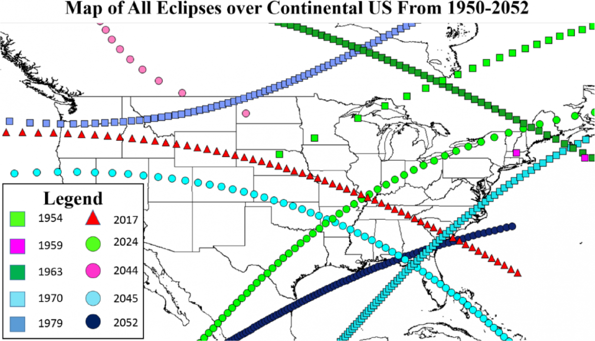 Map of US Eclipses from 2017-2052